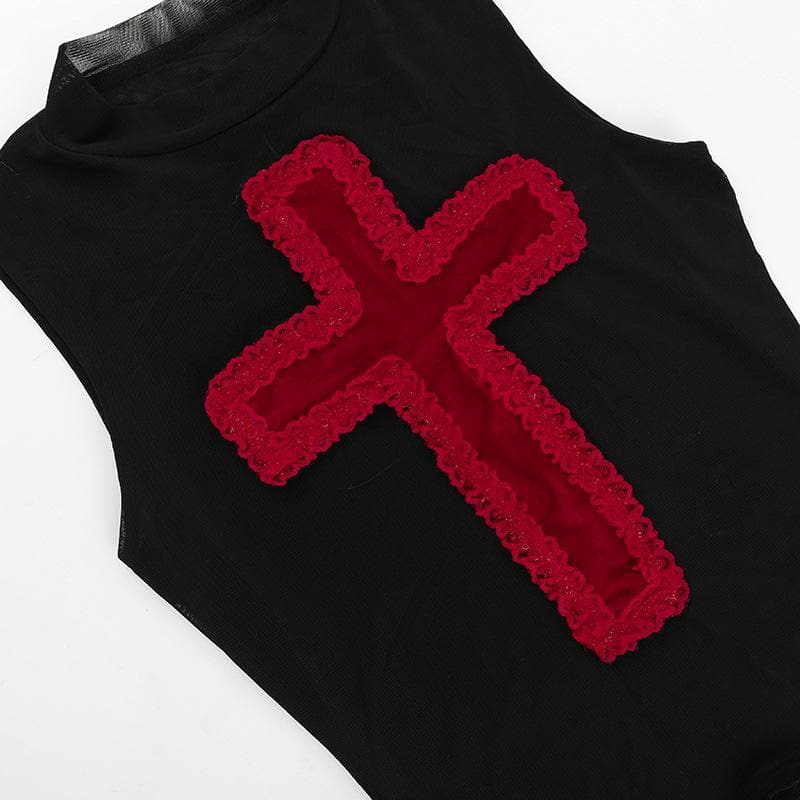 Cross ruffle mesh sleeveless contrast patchwork top