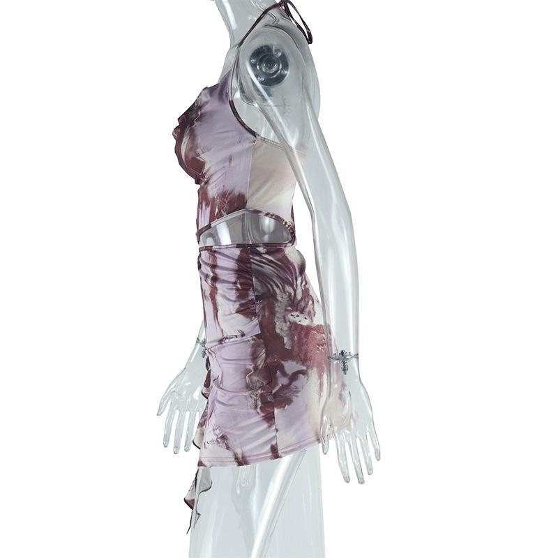 Halter cowl neck hollow out o ring abstract mini dress