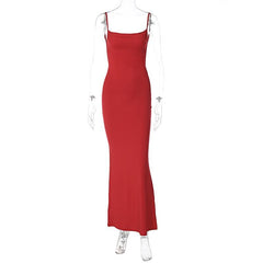 Square neck backless solid sleeveless cami maxi dress  | red tango dress