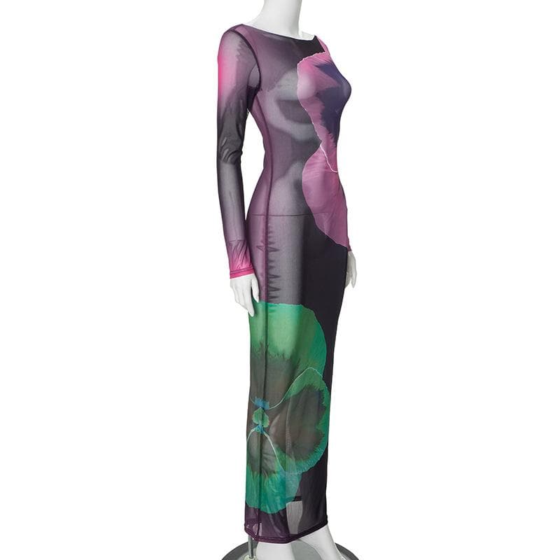 Long sleeve sheer mesh print crewneck maxi dress  | samba dress