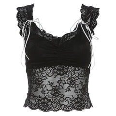 Lace bowknot ruched patchwork cami top