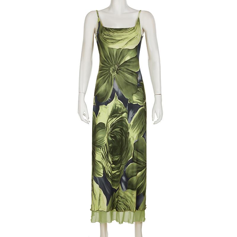U neck flower print mesh cami maxi dress