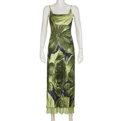 U neck flower print mesh cami maxi dress