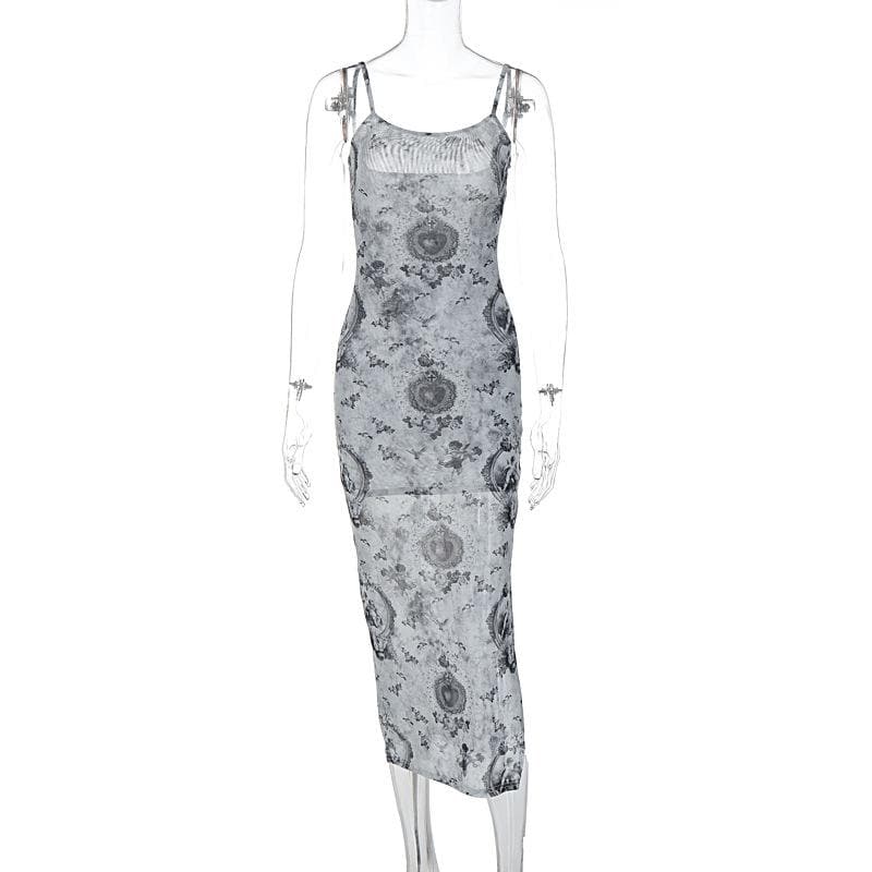 Slit contrast print sheer mesh see through u neck cami midi dress  | samba dress