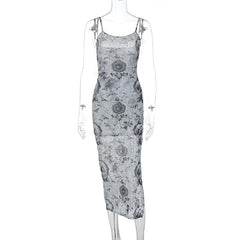 Slit contrast print sheer mesh see through u neck cami midi dress  | samba dress