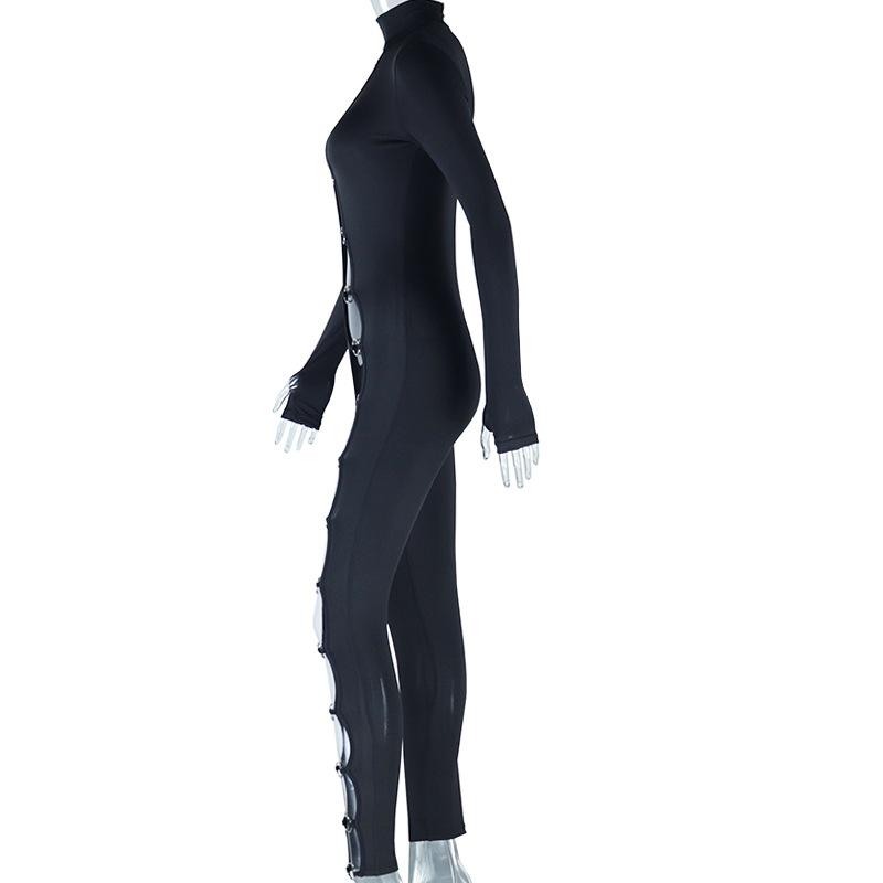 Long sleeve high neck o ring irregular jumpsuit