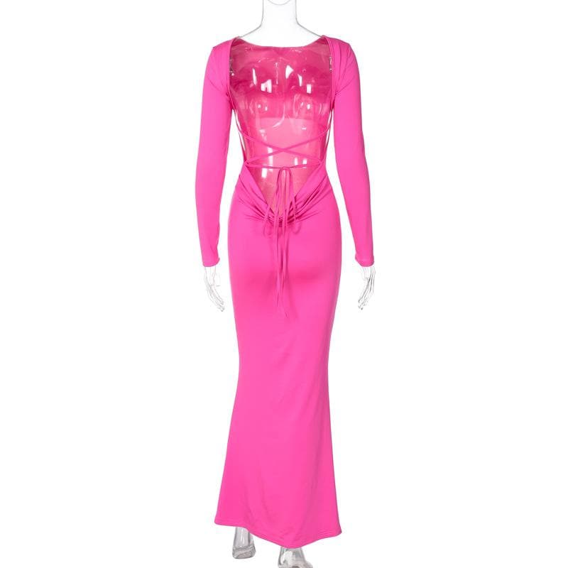 Long sleeve backless lace up ruched solid maxi dress  | red tango dress