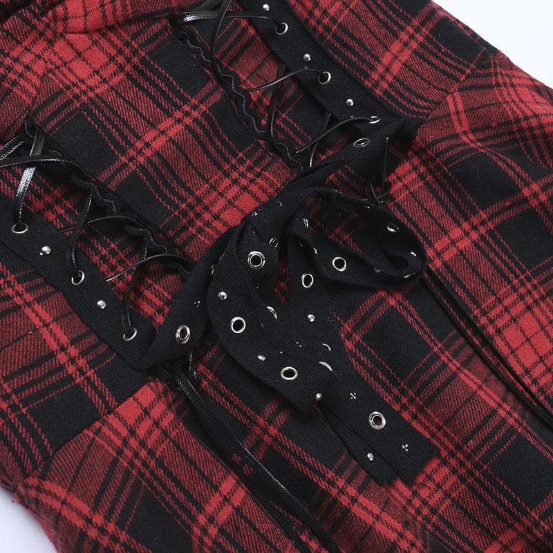 Zip-up lace hem lace up plaid backless mini dress  | red tango dress