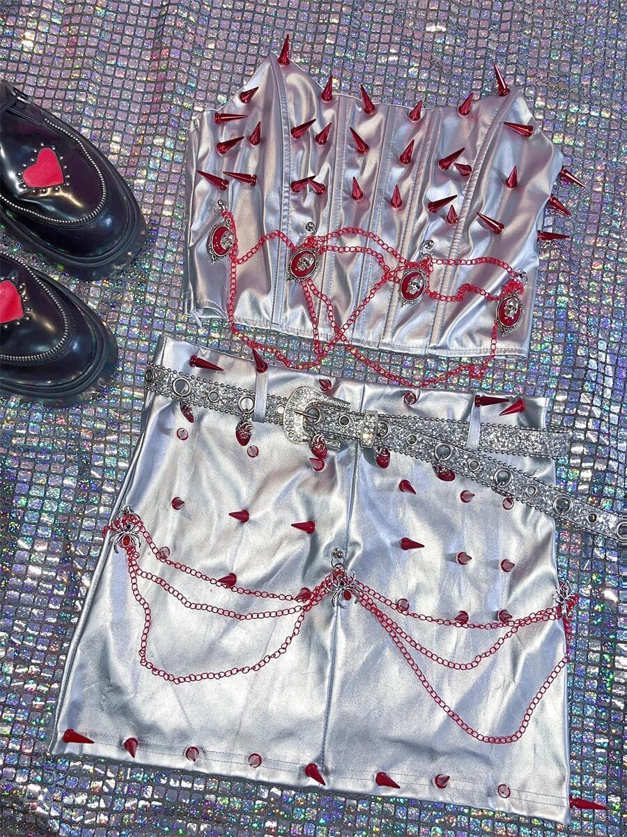 Rivet metallic applique metal chain tube mini skirt set