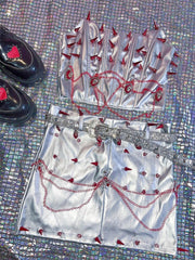 Rivet metallic applique metal chain tube mini skirt set