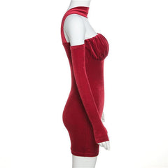 Velvet solid ruched gloves halter mini dress  | red tango dress