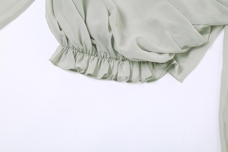 Chiffon flower applique see through off shoulder long sleeve ruched top