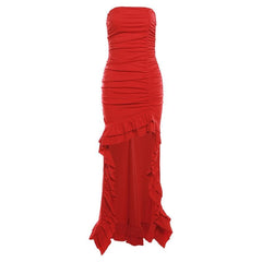 Ruched ruffle solid backless tube maxi dress  | red tango dress