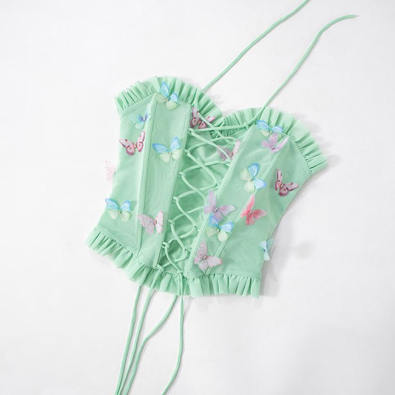 Sweetheart neck butterfly applique mesh lace up tube top