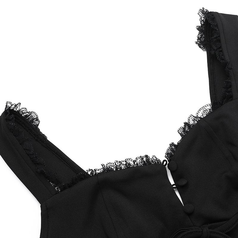 Lace hem button bowknot cami mini dress