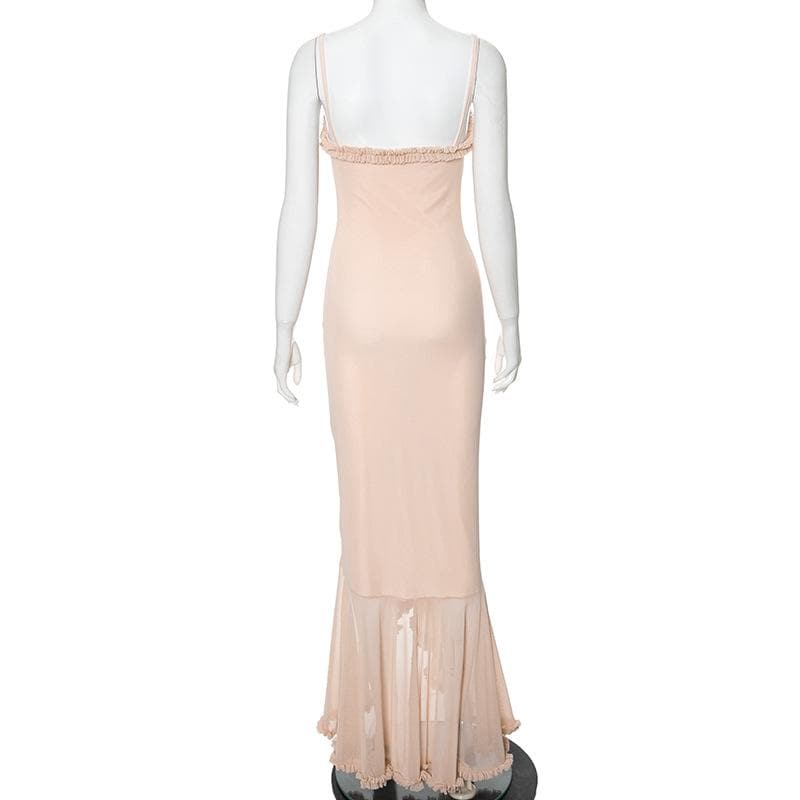 Ruffle ruched lace hem hollow out cami cut out maxi dress