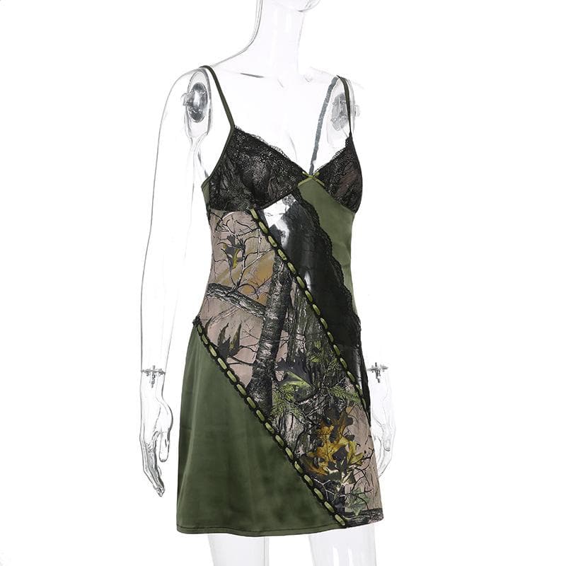 V neck hem lace patchwork A line dress