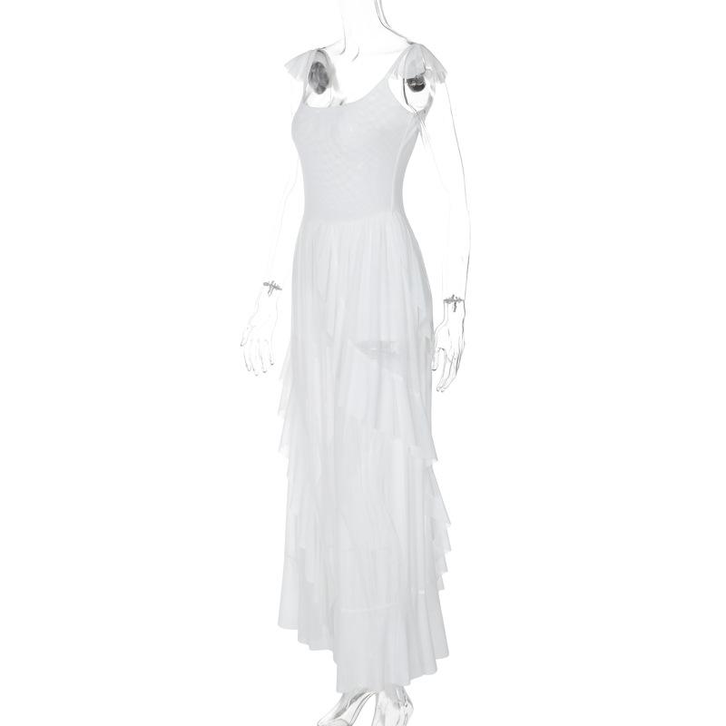Ruched ruffle square neck sheer mesh cami maxi dress  | samba dress