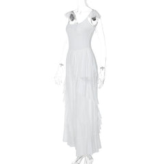 Ruched ruffle square neck sheer mesh cami maxi dress  | samba dress