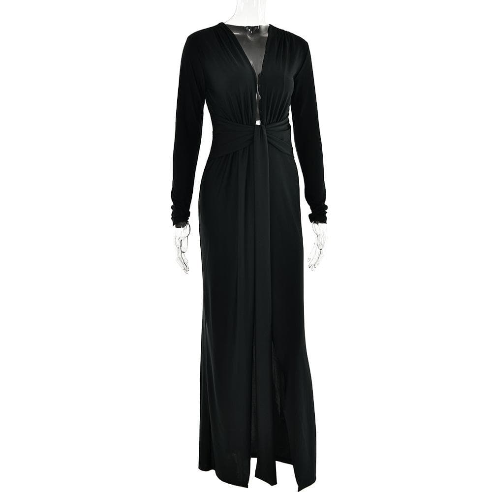Long sleeve v neck ruched slit solid irregular maxi dress  | red tango dress