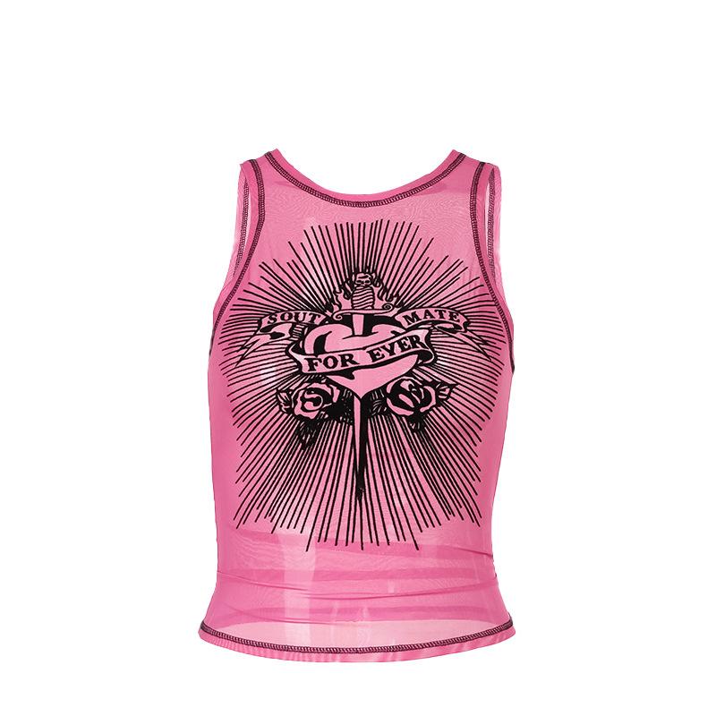 Sleeveless crewneck print sheer mesh stitch top