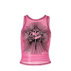 Sleeveless crewneck print sheer mesh stitch top