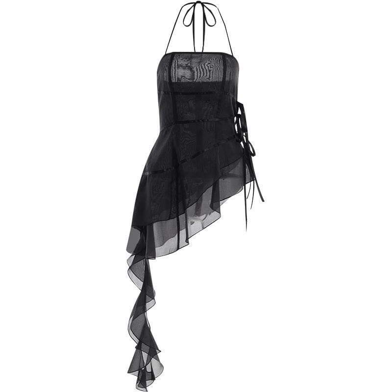 Halter ruffle irregular ribbon sheer mesh mini dress  | samba dress