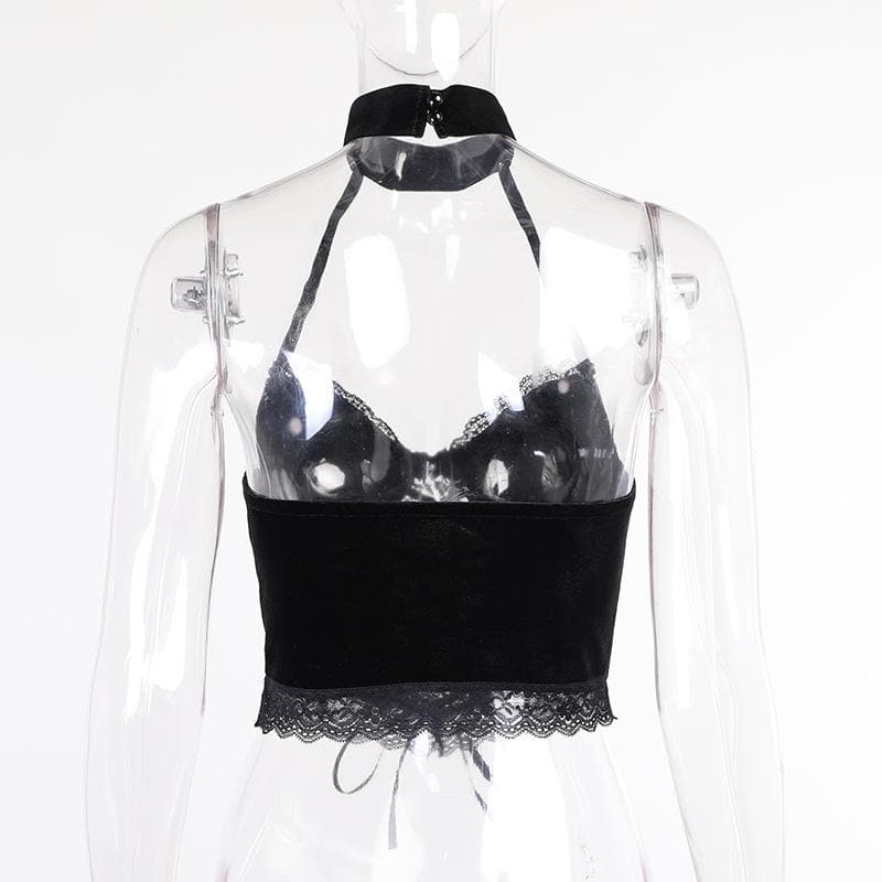 Velvet halter buttoned lace up crop top