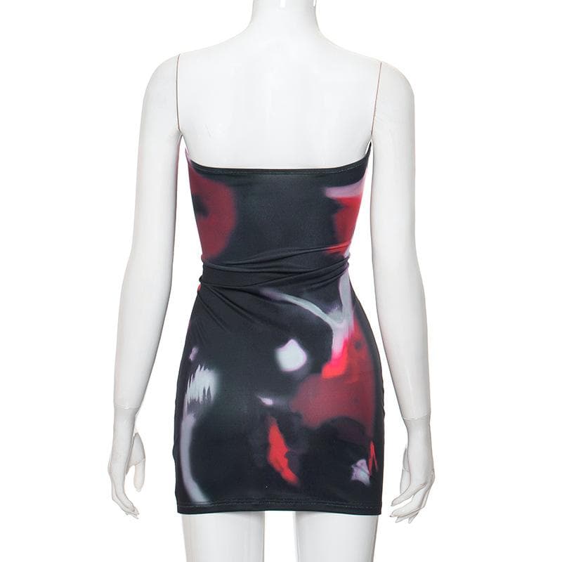 Ruched print contrast backless abstract tube mini dress  | red tango dress