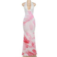 Halter lace deep v neck tie dye maxi dress  | red tango dress