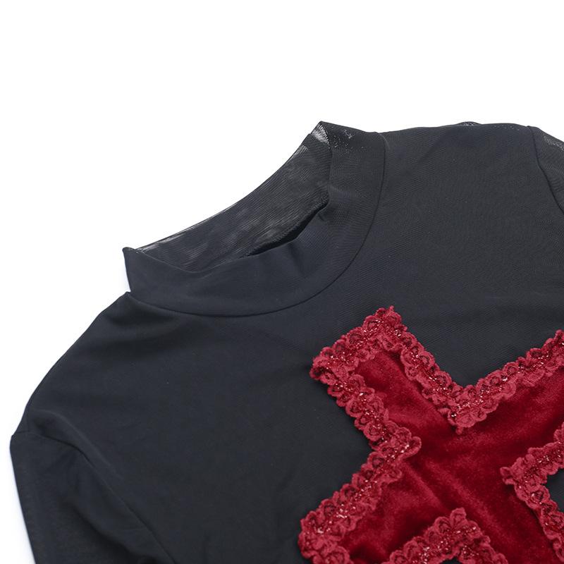 Crewneck long sleeve mesh cross pattern top