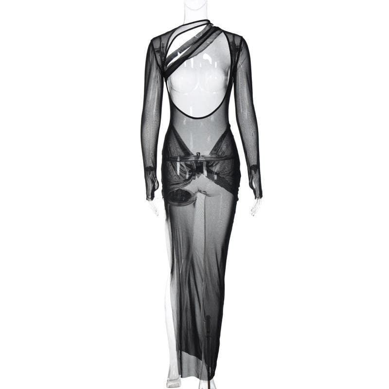 Sheer mesh long sleeve irregular backless see through slit maxi dress  | samba dress