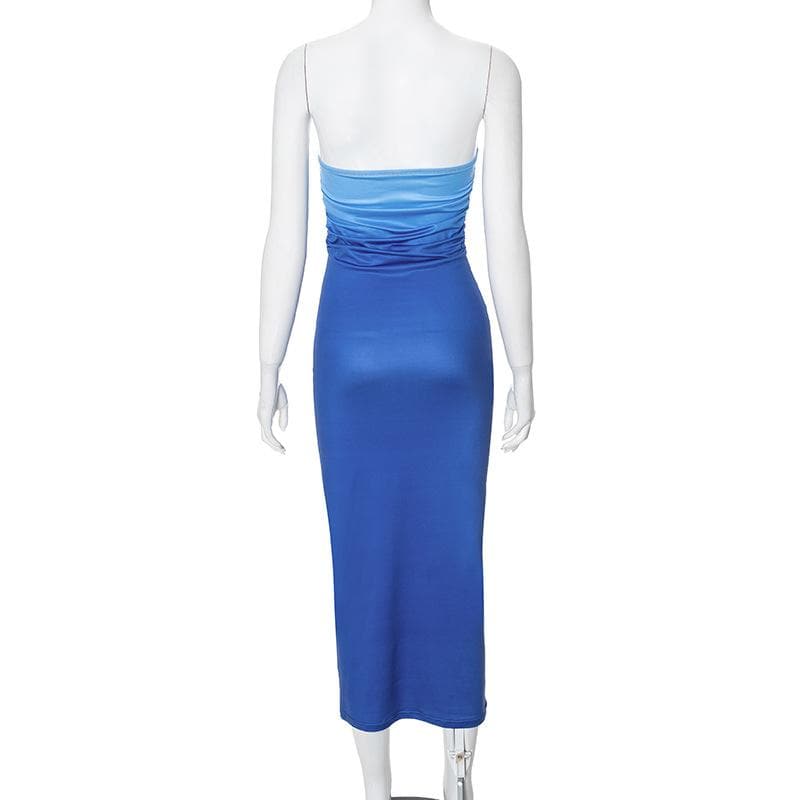 Ruched gradient backless tube maxi dress