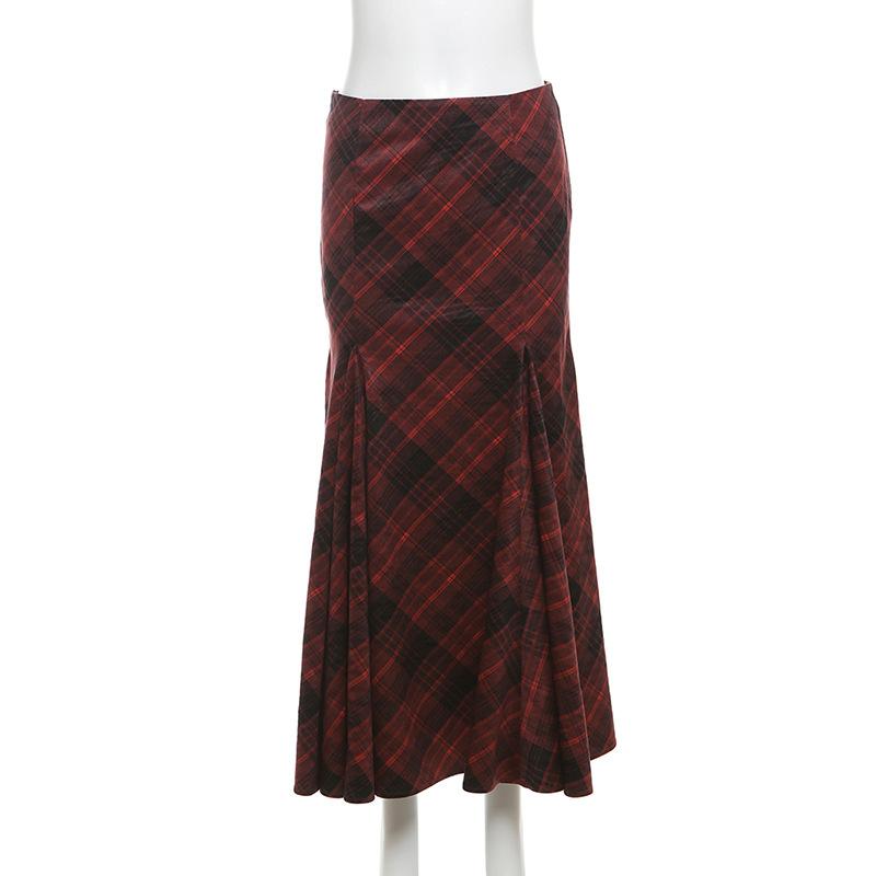 Plaid zip-up ruffle maxi skirt