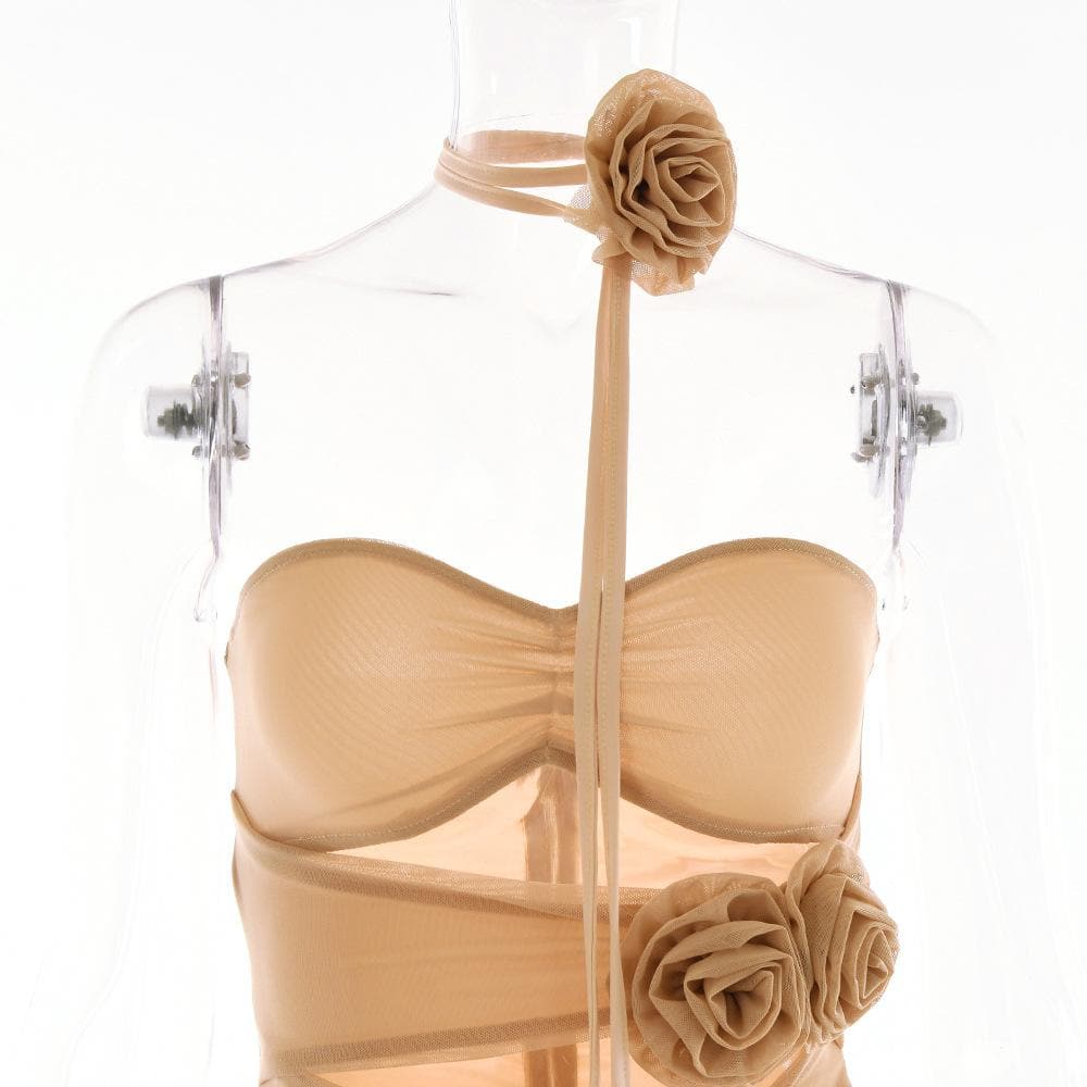 Sheer mesh hollow out flower applique zip-up solid tube mini dress  | samba dress