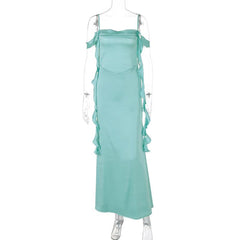 Cowl neck ruffle satin solid backless cami maxi dress