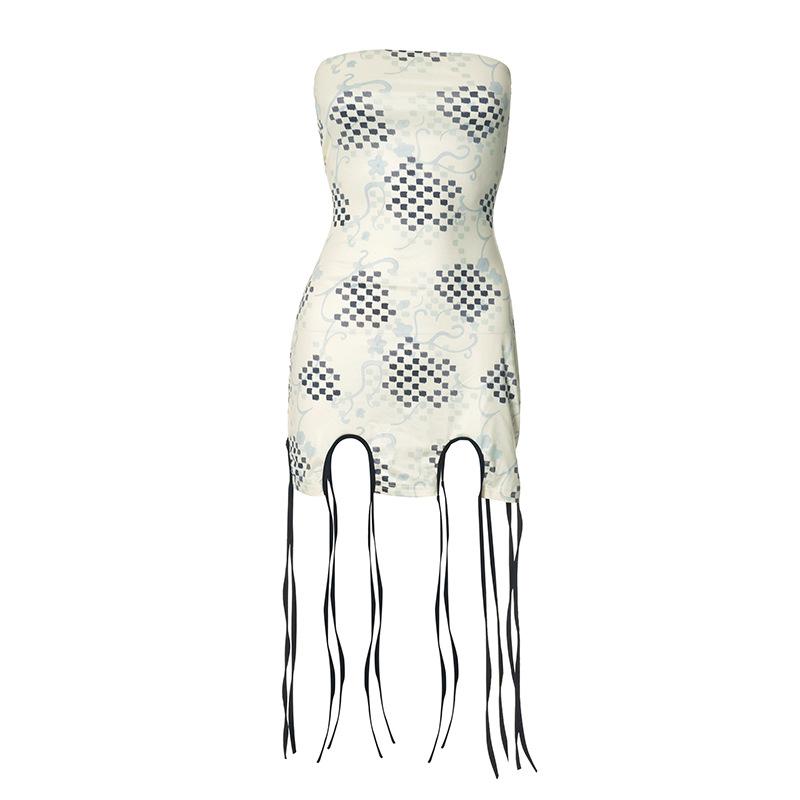 Print tassels slit tube mini dress