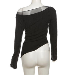Long sleeve off shoulder abstract mesh top