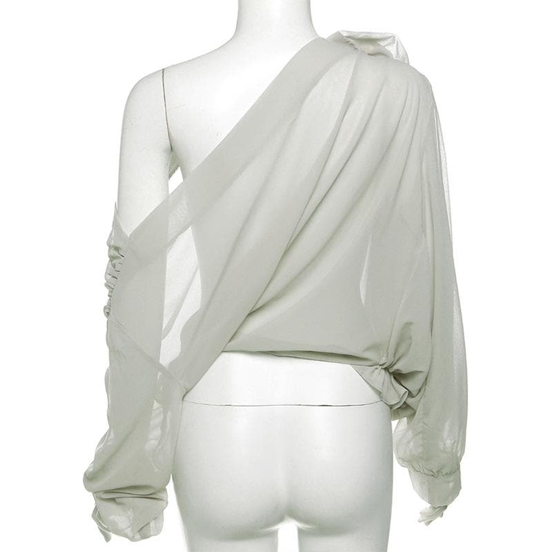 Chiffon flower applique see through off shoulder long sleeve ruched top