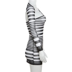 Irregular sheer mesh see through one shoulder striped mini dress  | samba dress