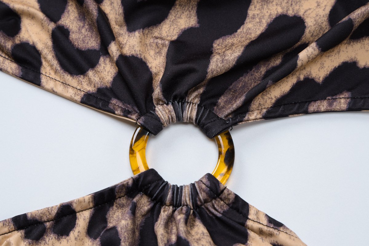 Leopard print halter o ring backless maxi dress