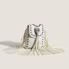 Skull applique tassels button PU leather bag