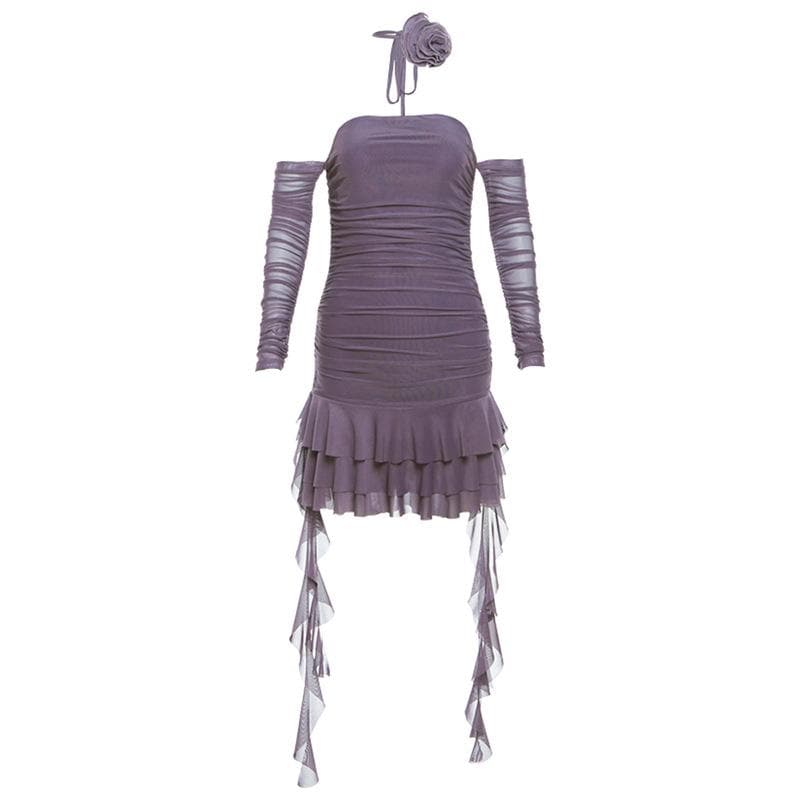 Long sleeve sheer mesh flower applique mini dress  | red tango dress  | samba dress