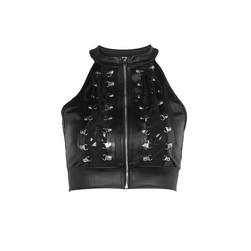 Sleeveless crewneck PU leather lace up zip-up crop top