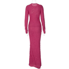 Textured long sleeve crewneck ruffle solid maxi dress  | red tango dress