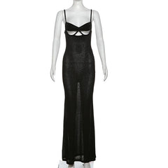 V neck hollow out backless see through cami maxi dress