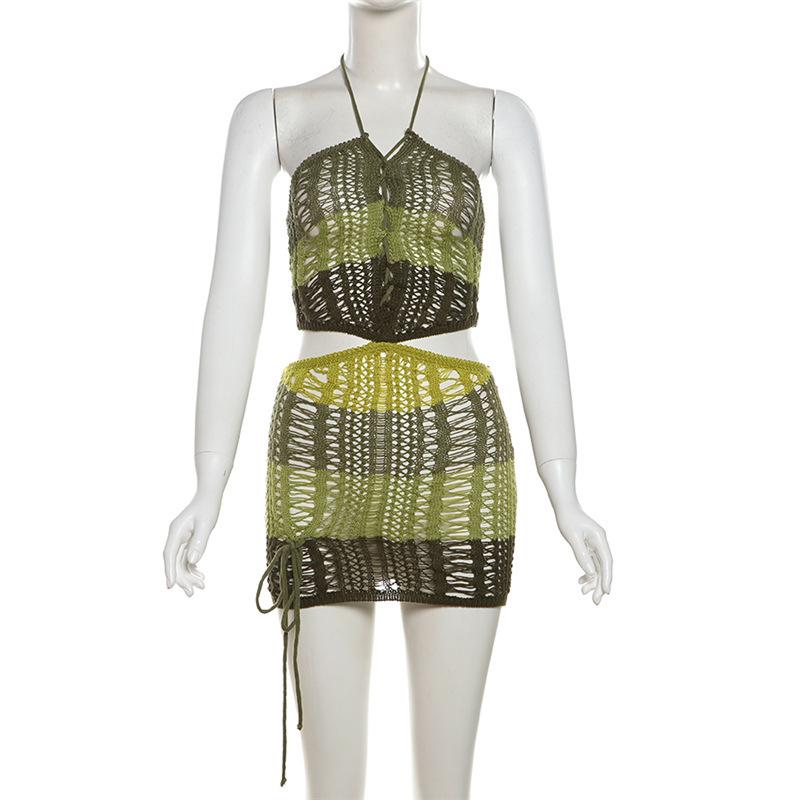 Self tie halter hollow out knitted lace up backless mini dress