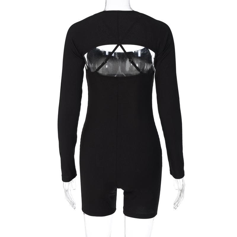 Solid ribbed cross back long sleeve shrug romper