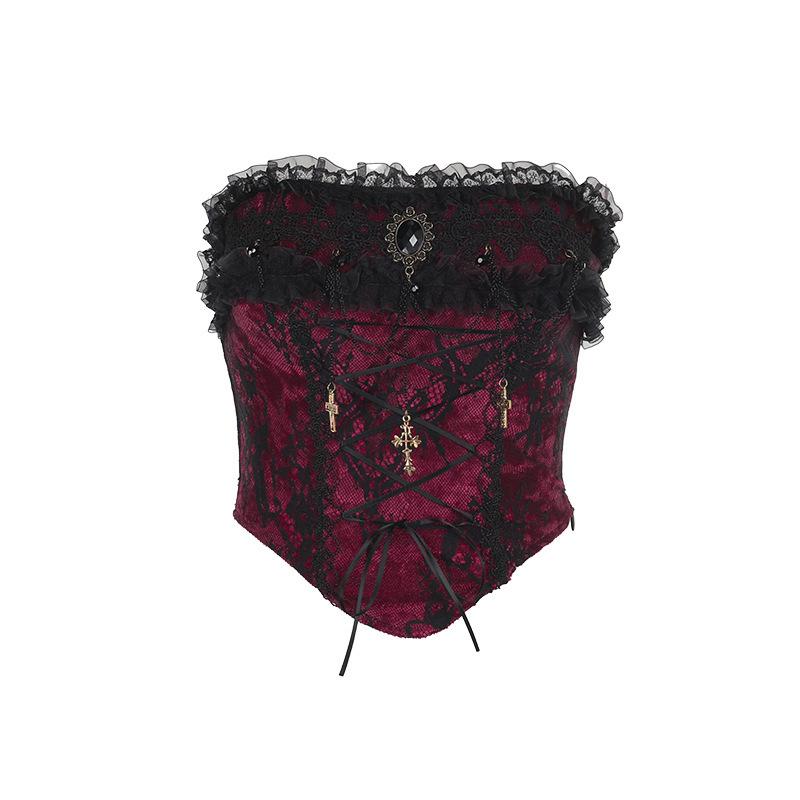 Lace hem cross pendant ruffle tube top