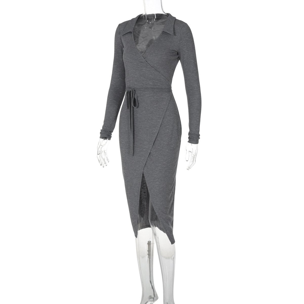 Turnover collar long sleeve slit self tie midi dress  | red tango dress